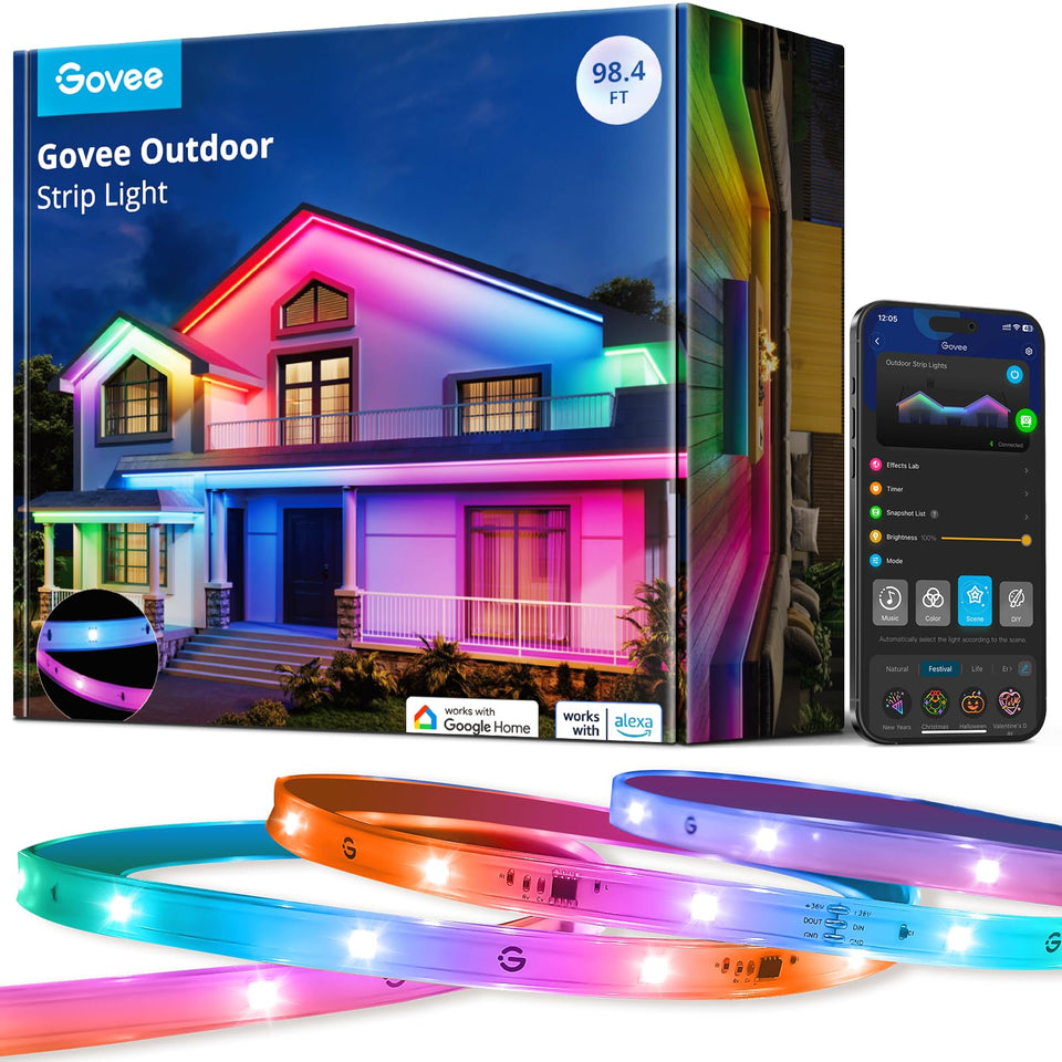 Govee outdoor LED strip lights illuminate a patio with vibrant, customizable ambiance.