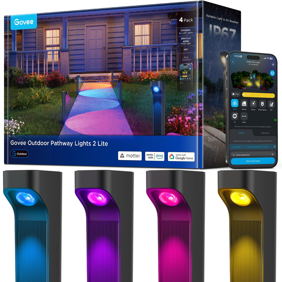 Govee outdoor pathway lights curve light band guiding nighttime strolls.