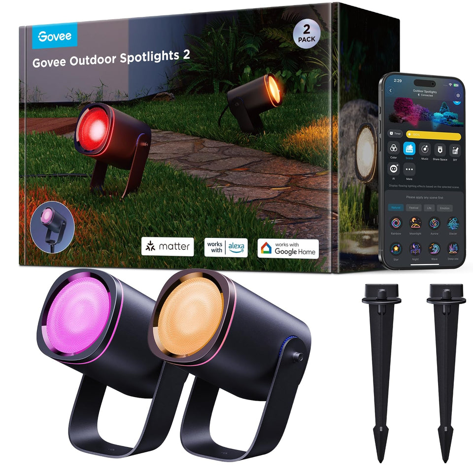 Govee Outdoor Spot Lights illuminate a garden path with vivid RGB colors for inviting curb appeal