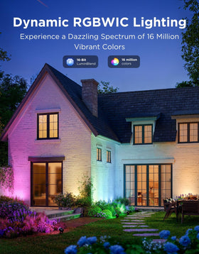 Govee outdoor spotlights show vibrant color changes across a patio at sunset for mood lighting