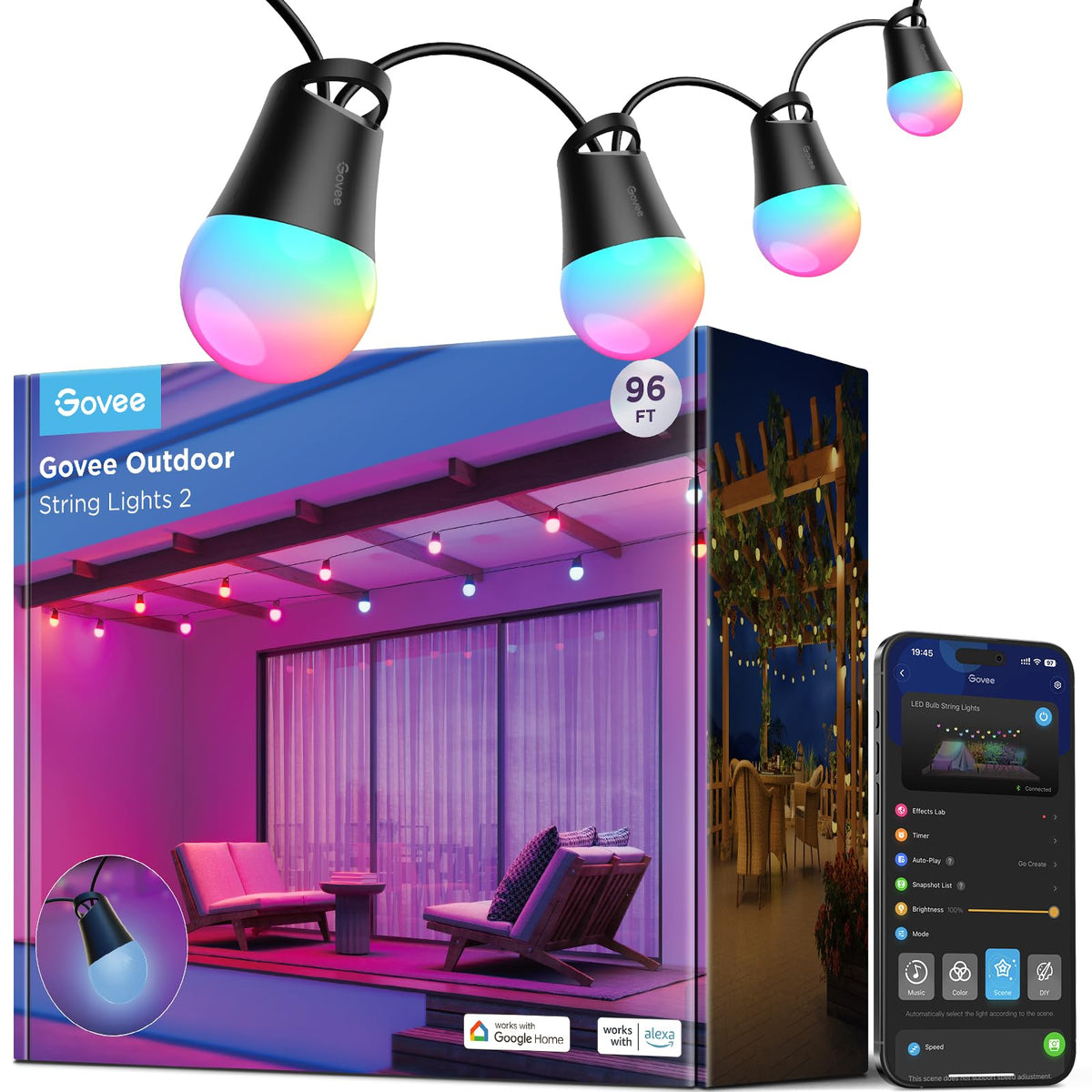 Govee outdoor string lights 96ft RGBIC offer vibrant color zones for patio ambiance.