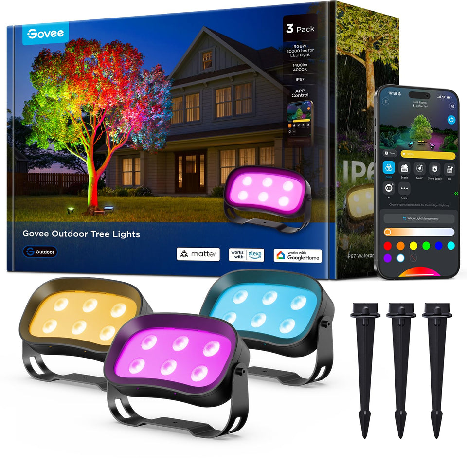 Govee Outdoor Tree Lights 3-Pack mounted on a tall tree for dramatic yard illumination
