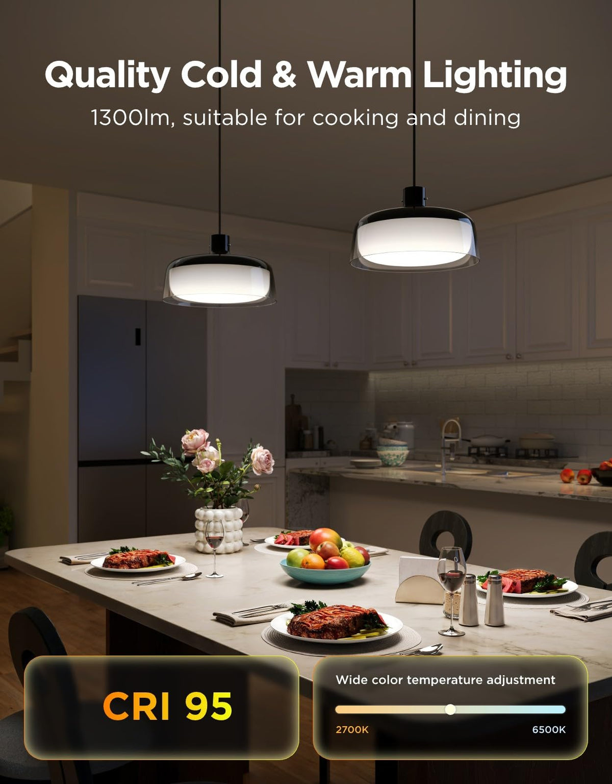 Dimmed 1300 lumens from Govee pendant light suits dinner scenes.