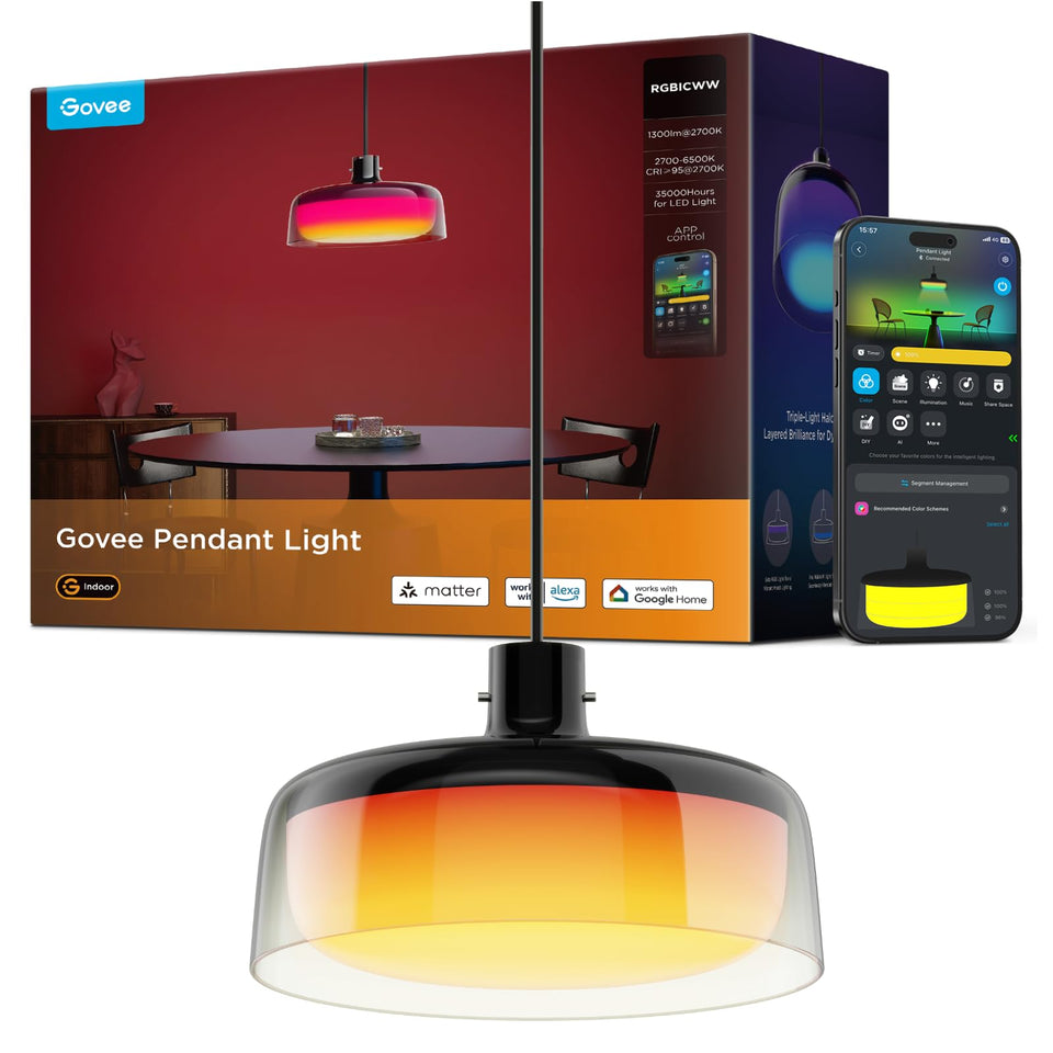 Govee pendant light over kitchen island with three-layer RGBIC lighting for vibrant ambience.