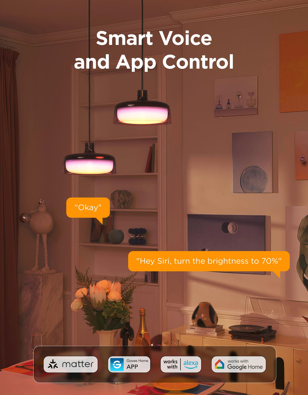 Govee pendant light supports Matter and voice control for hands-free use.
