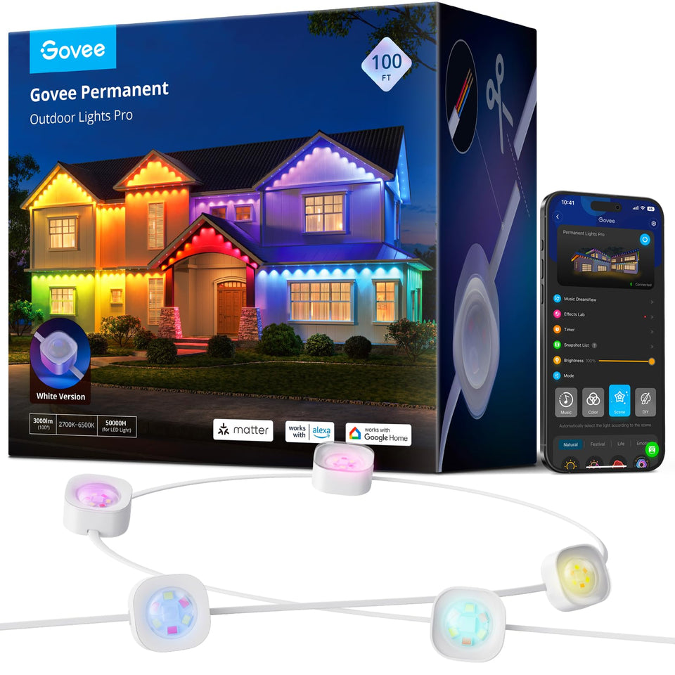 Govee Permanent Lights Pro 100ft outdoor lights provide vivid ambient lighting for decks and patios.