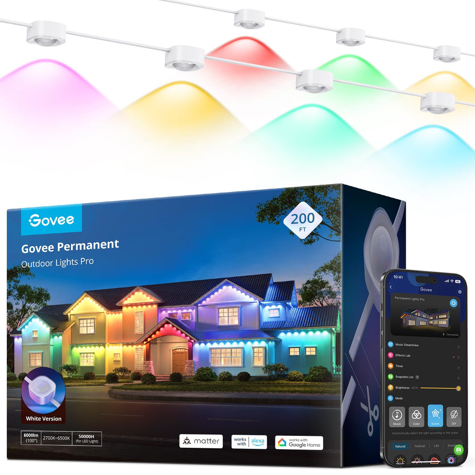 Govee Permanent Lights Pro 200ft on eaves creating seamless outdoor glow