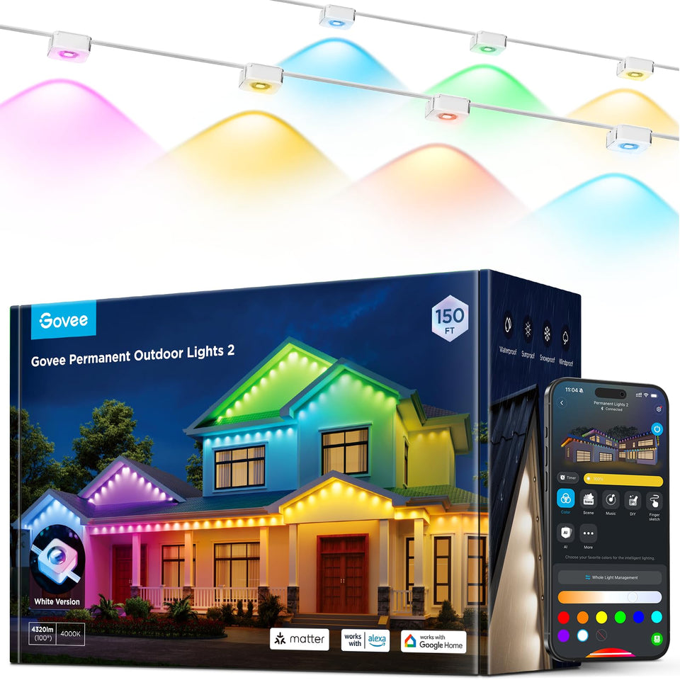 Govee Permanent Outdoor Lights 2 150ft RGBIC colors illuminate outdoor spaces