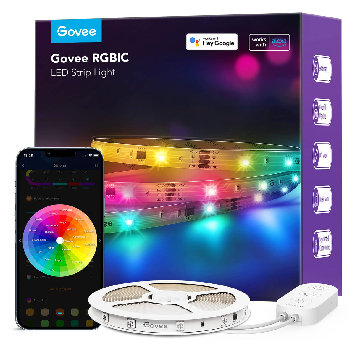 Govee RGBIC LED strip showing segmented colors for dynamic lighting.