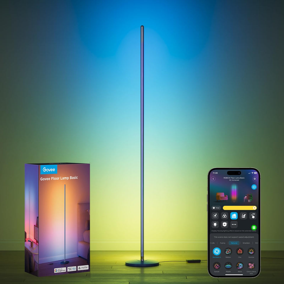 Govee RGBIC Floor Lamp Basic angled view shows customizable multicolor segments for vibrant lighting