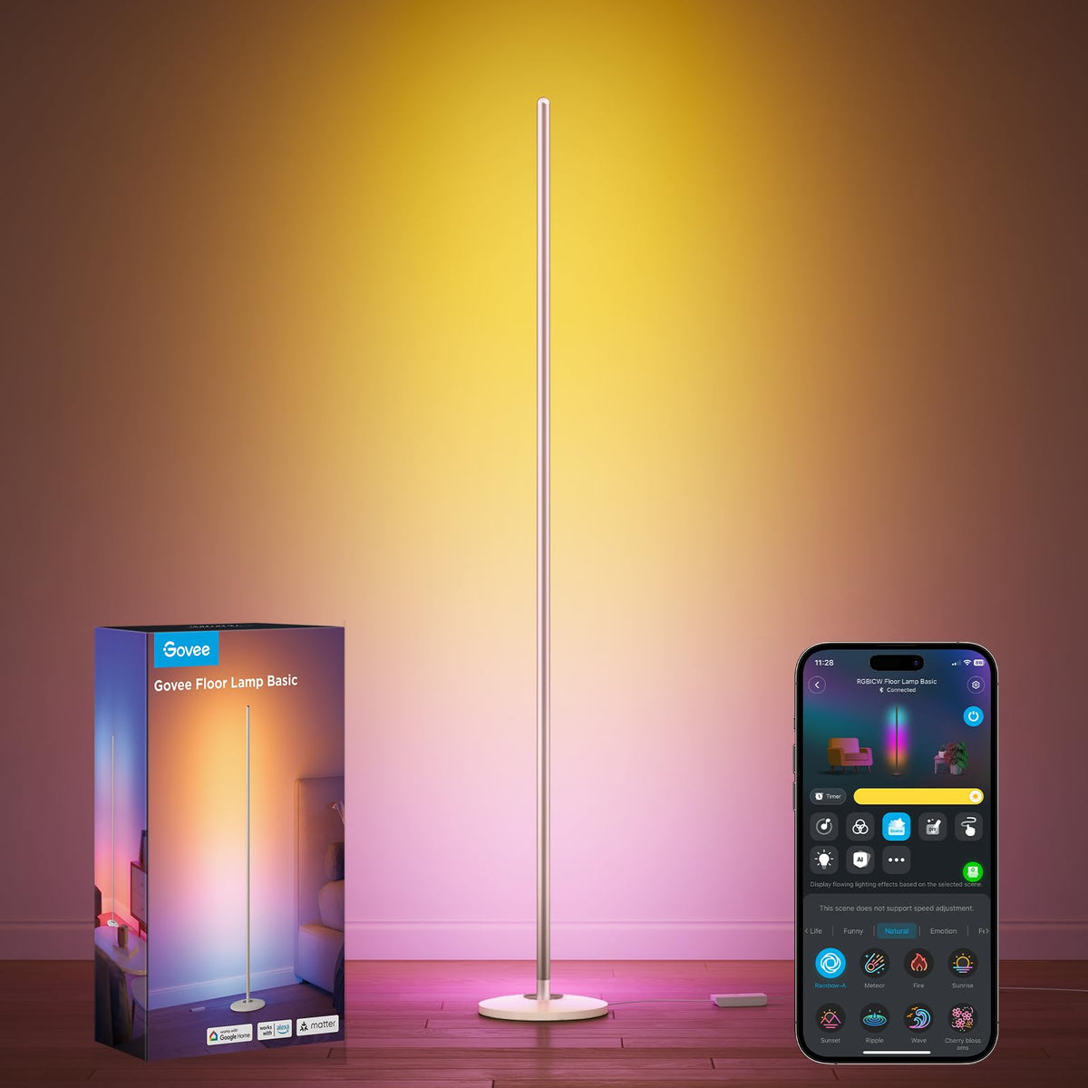 Govee RGBIC Floor Lamp Basic front view with vibrant multicolor lighting for living rooms.