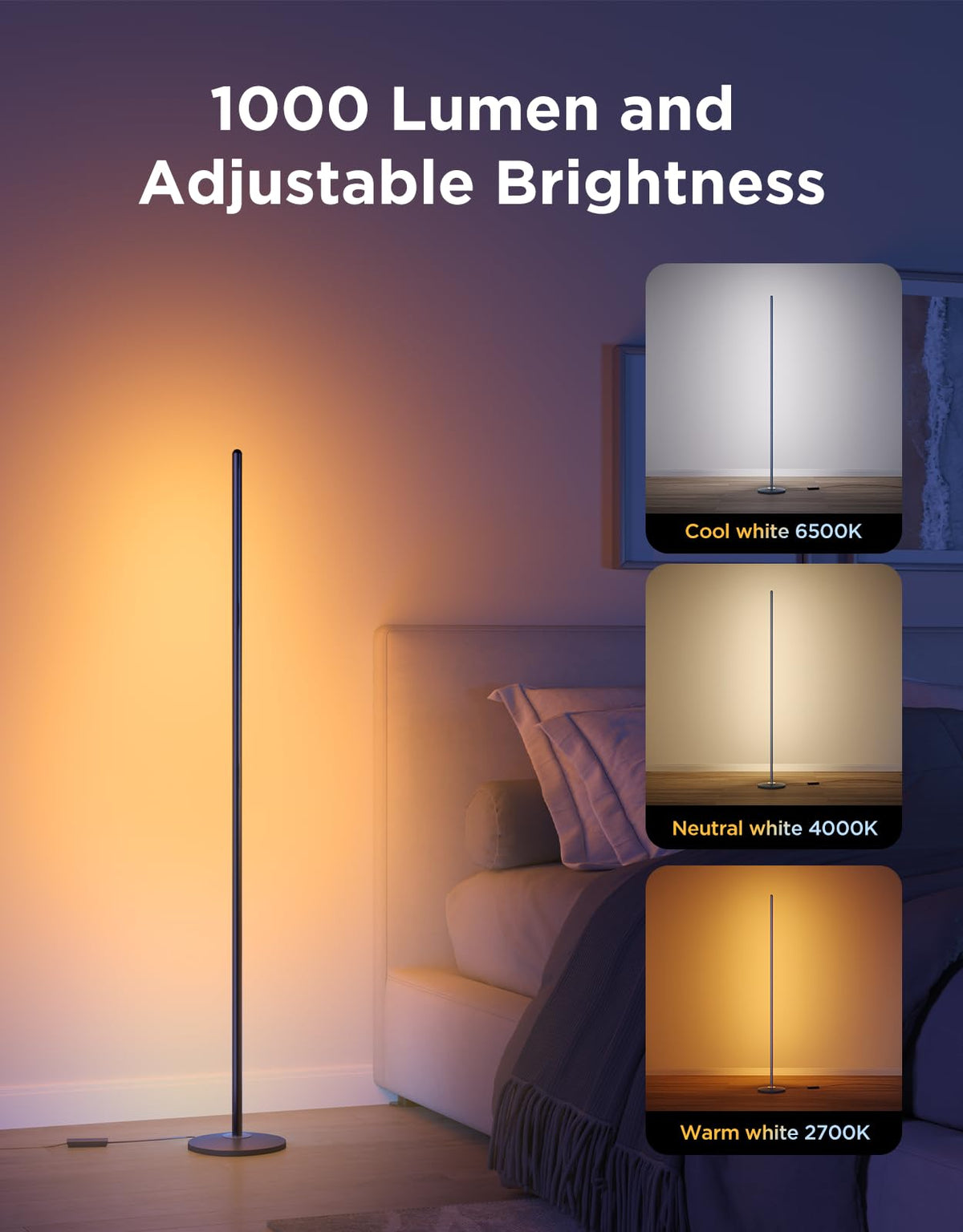 Govee RGBIC Floor Lamp 16 million colors for customizable mood scenes.