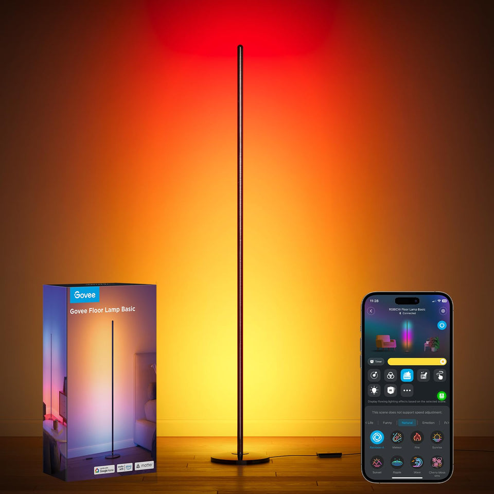 Govee RGBIC Floor Lamp full view enhances living room ambiance with modern design.