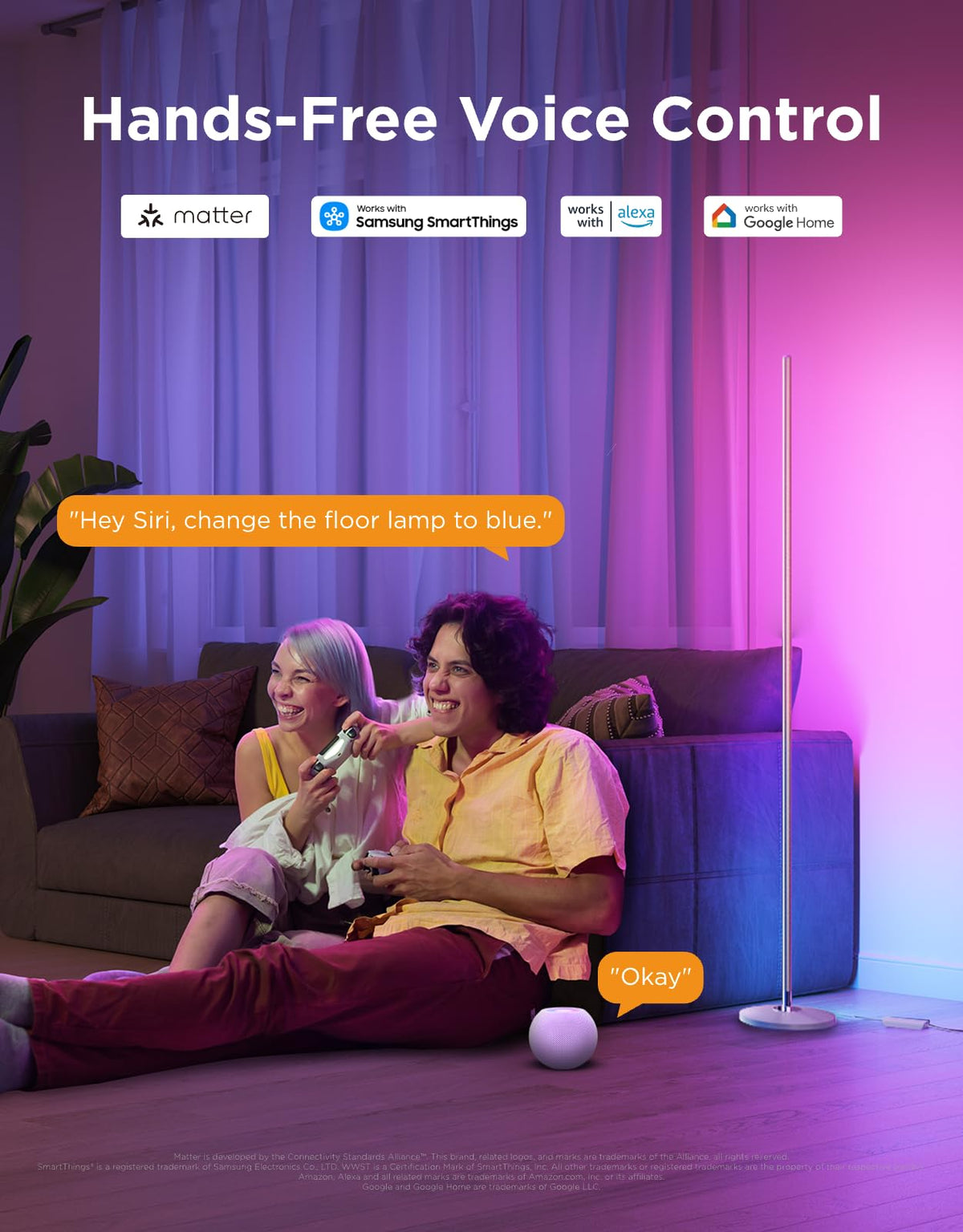 Govee RGBIC Floor Lamp with voice control for smart home integration.