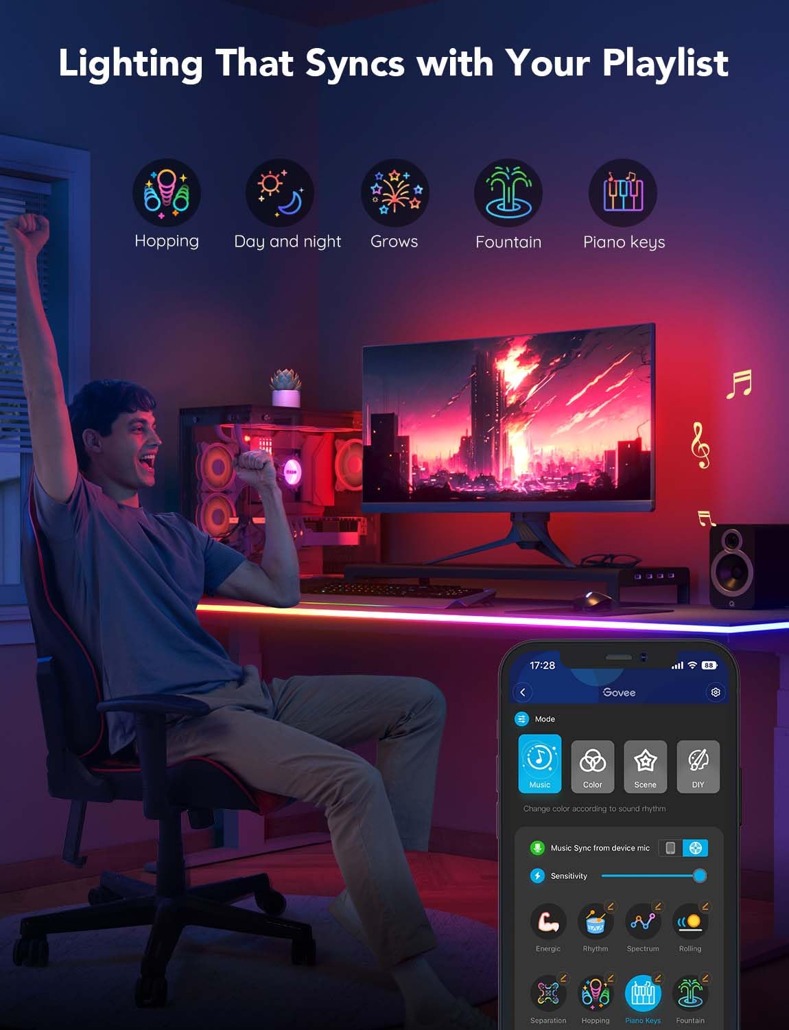 Govee RGBIC lights offer 16 million colors, 64+ scenes for mood customization.