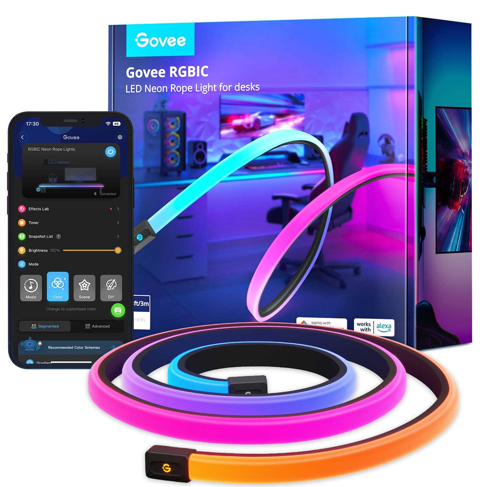 Govee RGBIC Gaming Lights illuminate a desk setup with vivid multi-color zones.