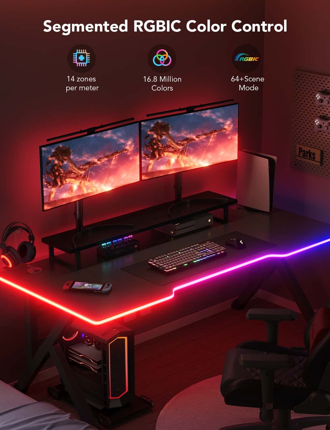 Govee RGBIC Gaming Lights demonstrate glare-free diffusion across the screen edge.
