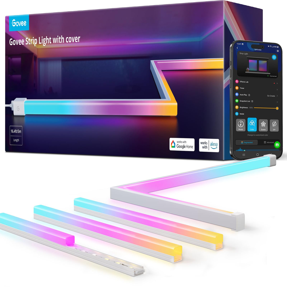 Govee RGBIC LED strip lights 16.4ft with covers for soft ambient room lighting