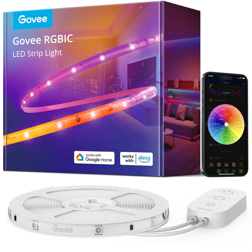 Govee RGBIC LED strip lights show 16.4ft segmented colors for vivid ambient lighting.