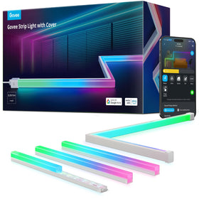Govee RGBIC LED strip lights with covers shown along a room edge for ambient lighting.