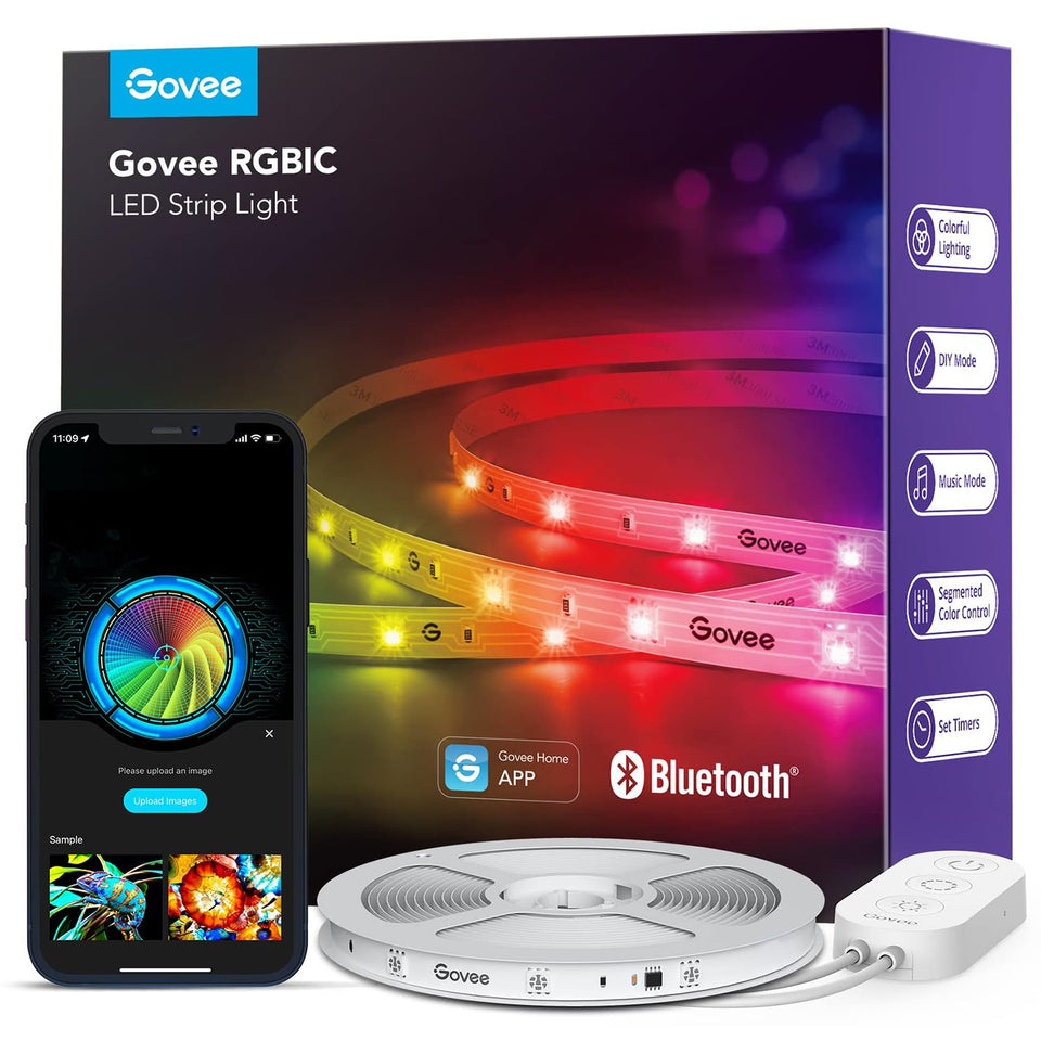 Govee RGBIC LED strip lights in a bedroom setup for vibrant mood lighting