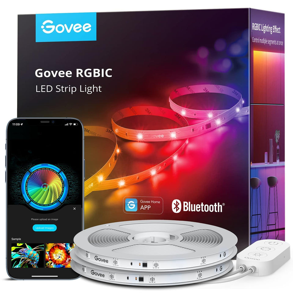 Govee RGBIC LED strip lights in a bedroom setup with multi color zones