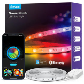 Govee RGBIC LED strip lights in bedroom with multiple colors on one line, vibrant ambience.