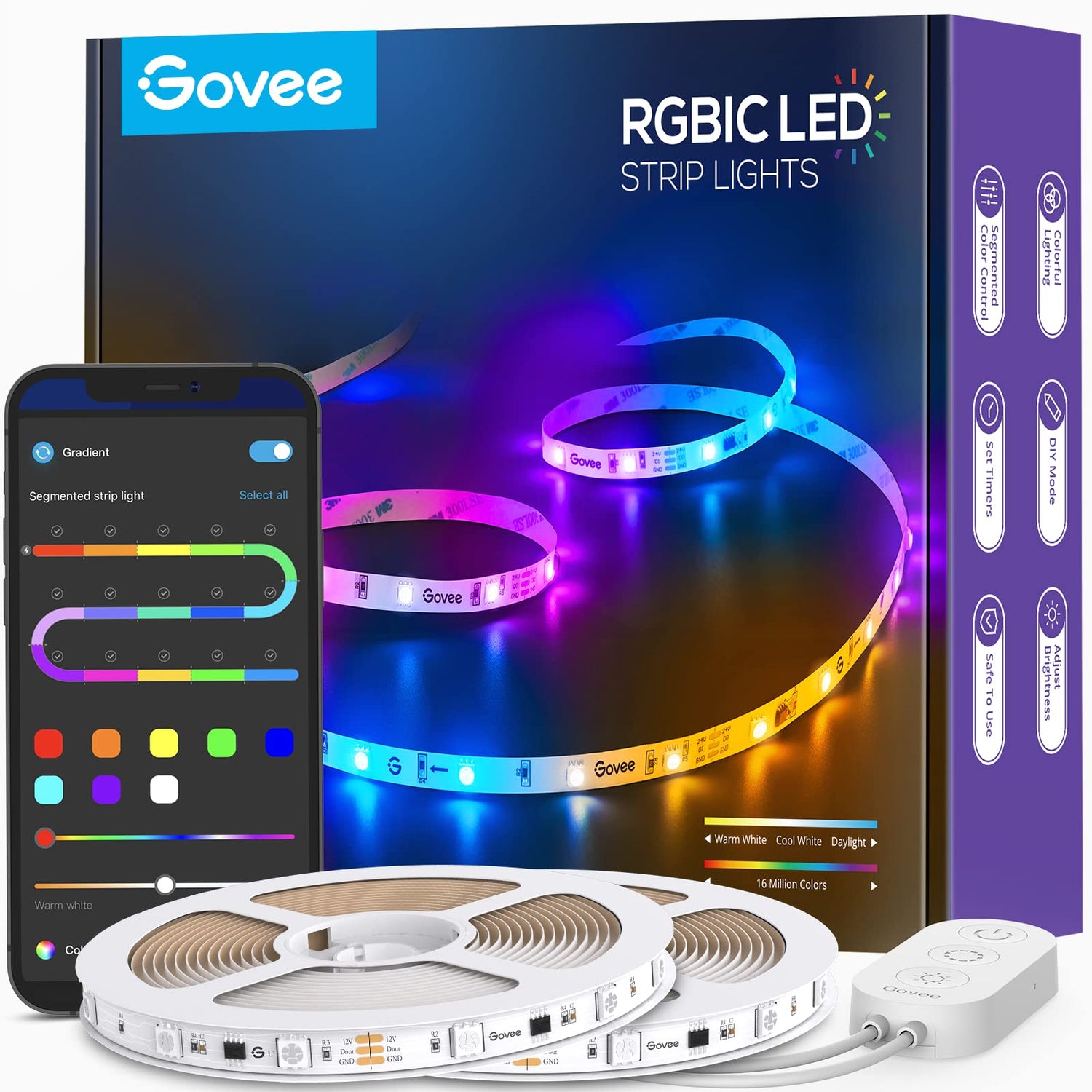 Govee RGBIC LED strip on wall creates vibrant ambient lighting.