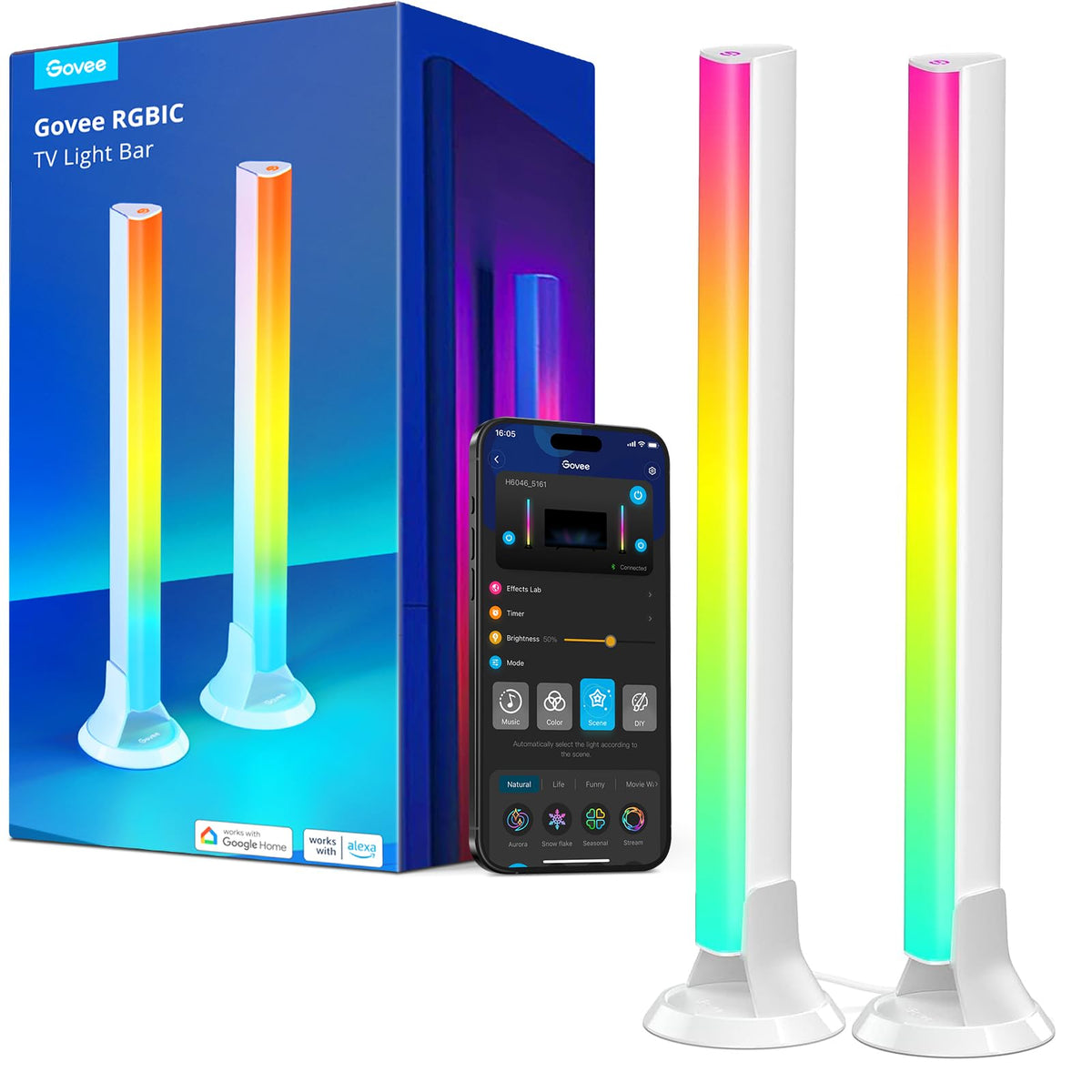 Govee RGBIC light bars 15-inch behind the TV for immersive backlighting.