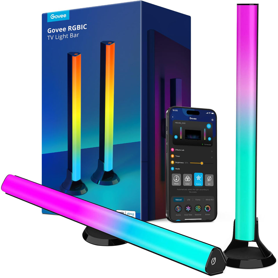Govee RGBIC light bars front view enhance TV ambiance with vibrant, color-rich lighting