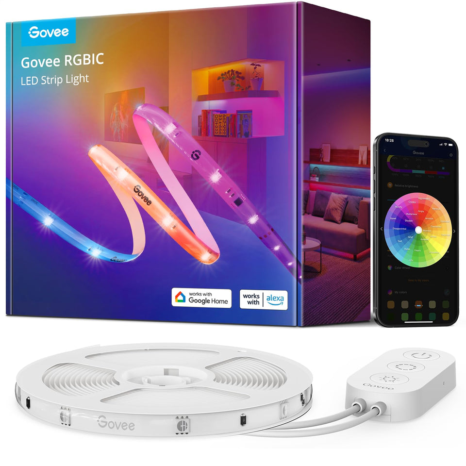 Govee RGBIC Pro LED strip segments showing multi-color zones for dynamic ambiance.