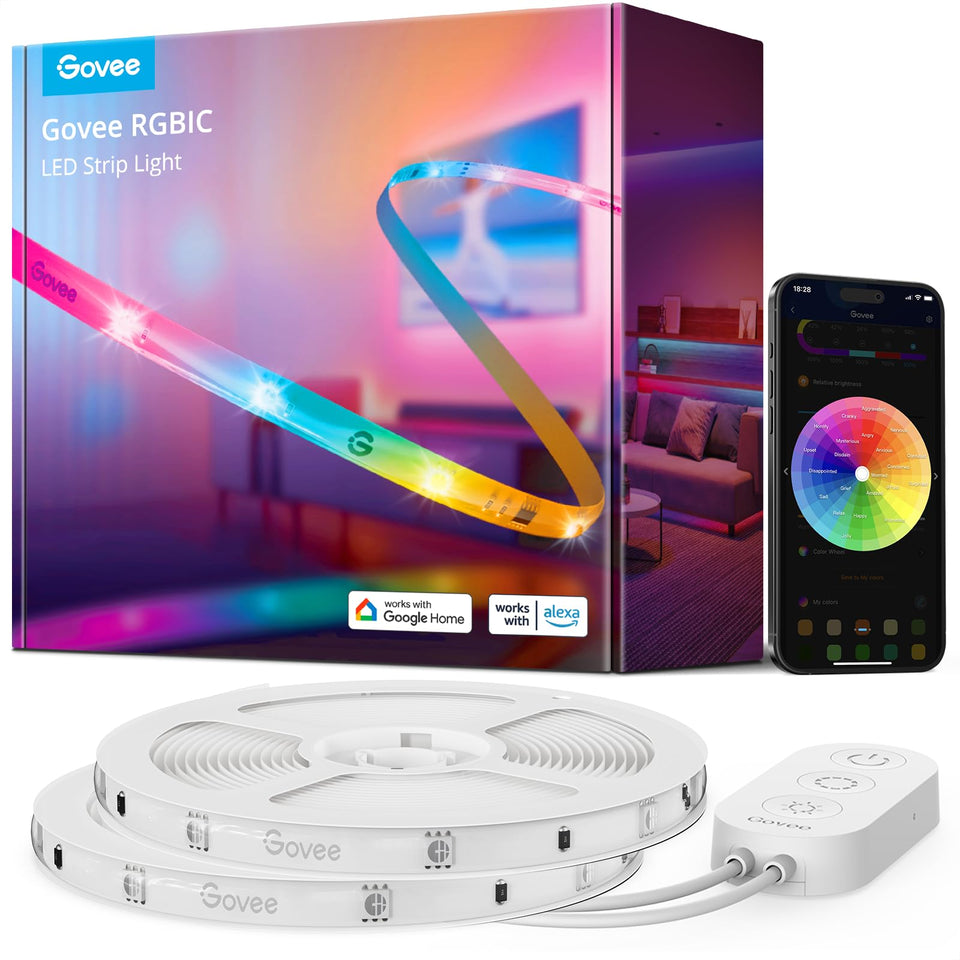 Govee RGBIC strip lights bedroom ambience with segmented color blocks.