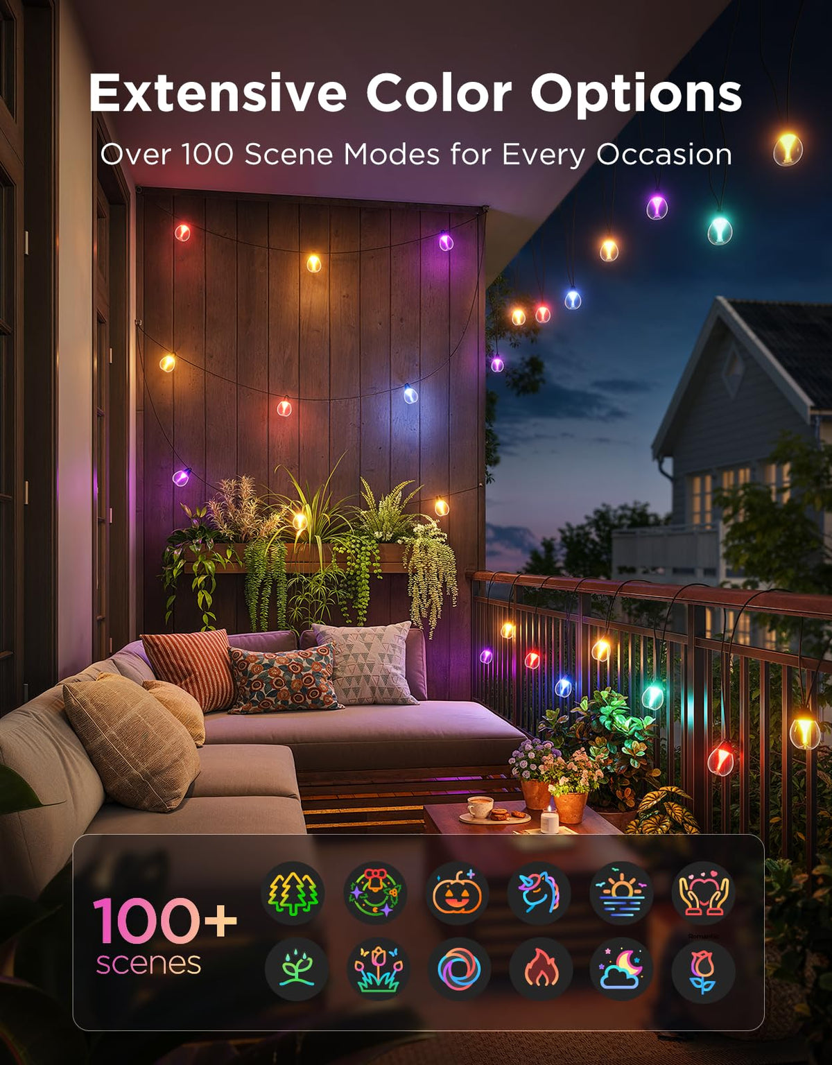 Govee RGBWIC LED bulbs offer 111 color scenes for versatile outdoor ambiance.