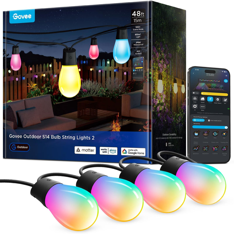 Govee S14 48ft outdoor string lights illuminate patios with vibrant colors.