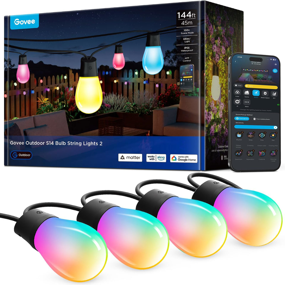 Govee S14 outdoor string lights RGBIC colors create vibrant patio ambiance for gatherings.