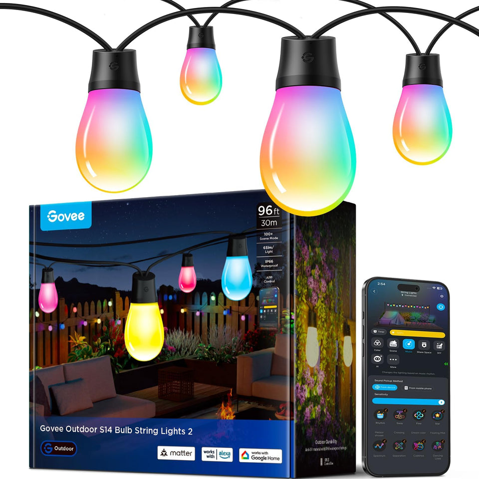 Govee S14 outdoor string lights 96ft glowing warm white for cozy patios