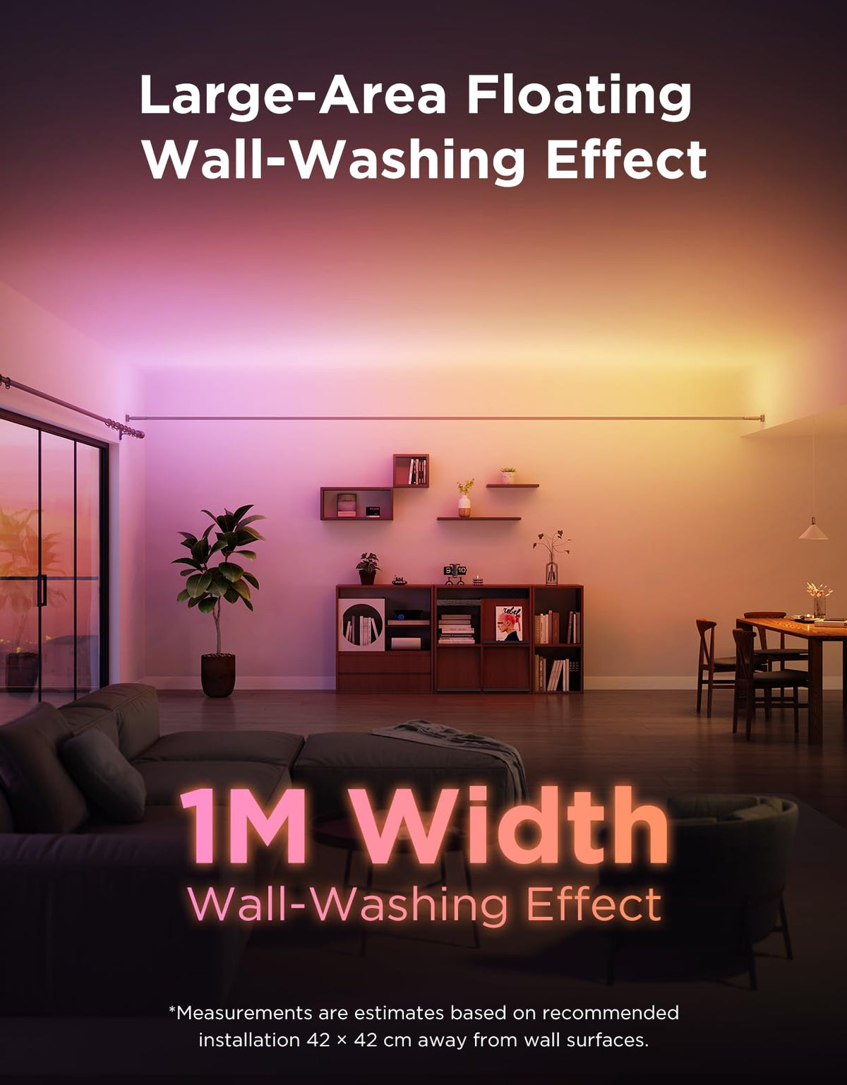 Govee Skyline Kit ceiling-wash highlights high ceilings with even glow.