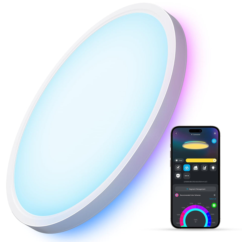 Govee Smart Ceiling Light RGBIC back-light showcases vibrant ambient colors for mood setting