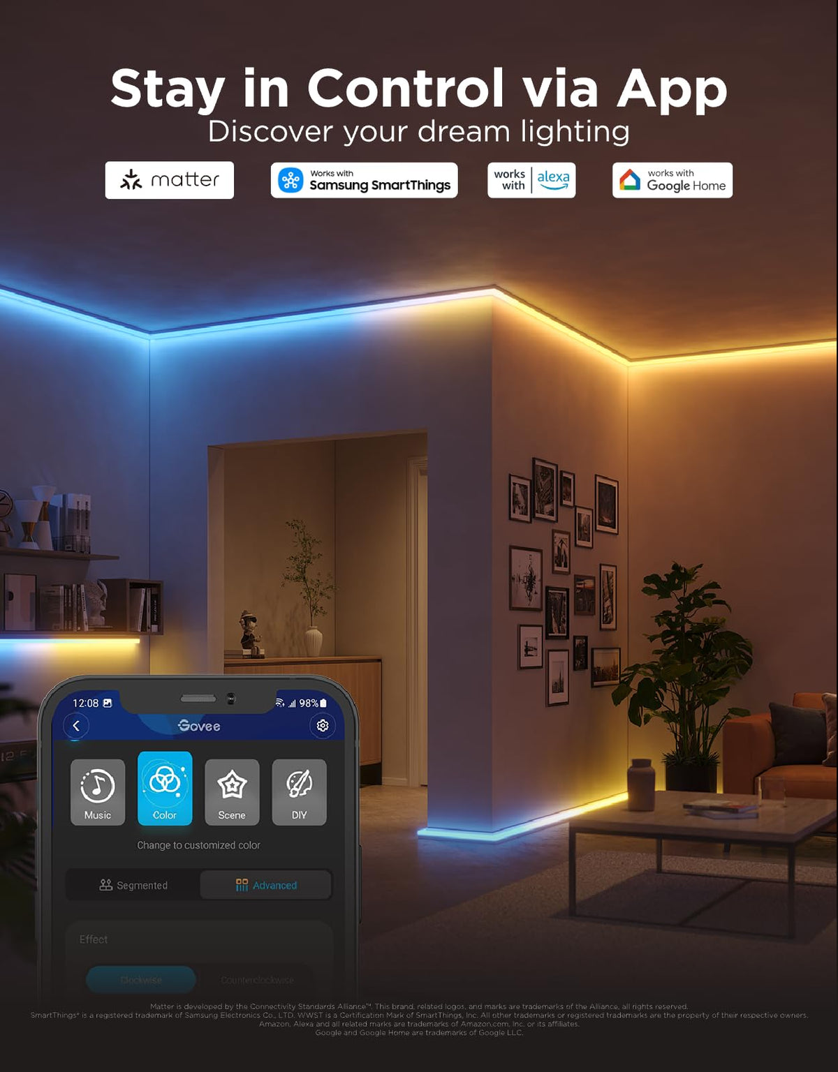 Govee smart control app lets you adjust brightness and scenes.