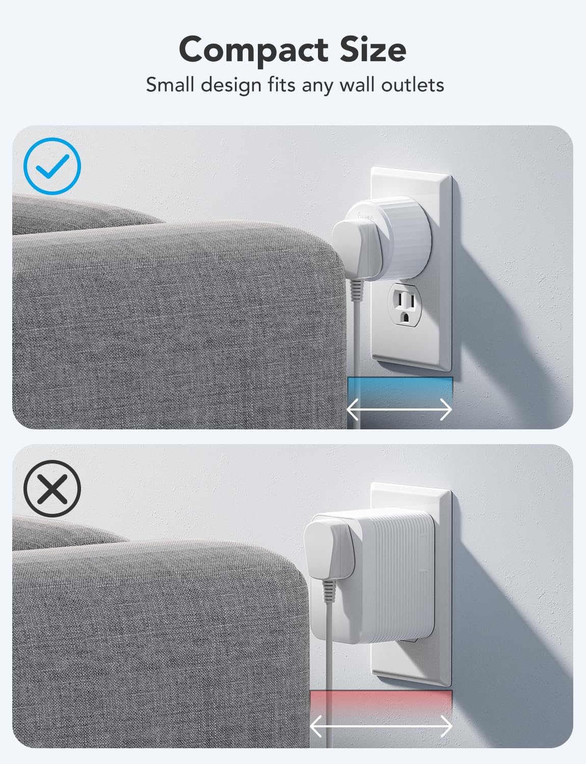 Govee Smart Plug compact design fits tight outlets and walls.