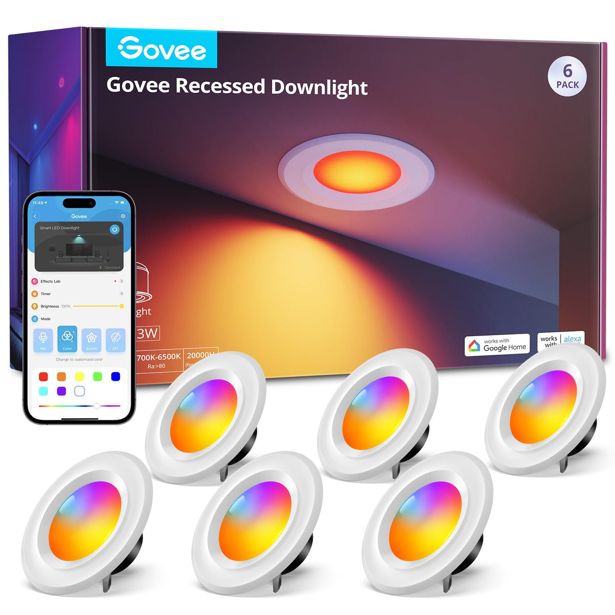 Govee 6-inch RGBWW recessed light front view shows vivid color options for mood lighting.