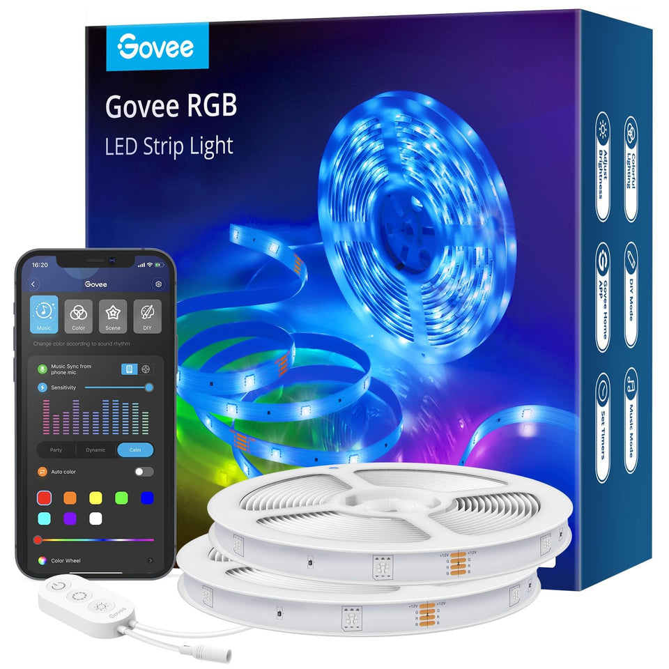 Govee smart RGB LED strip lights in a bedroom creating ambient color.