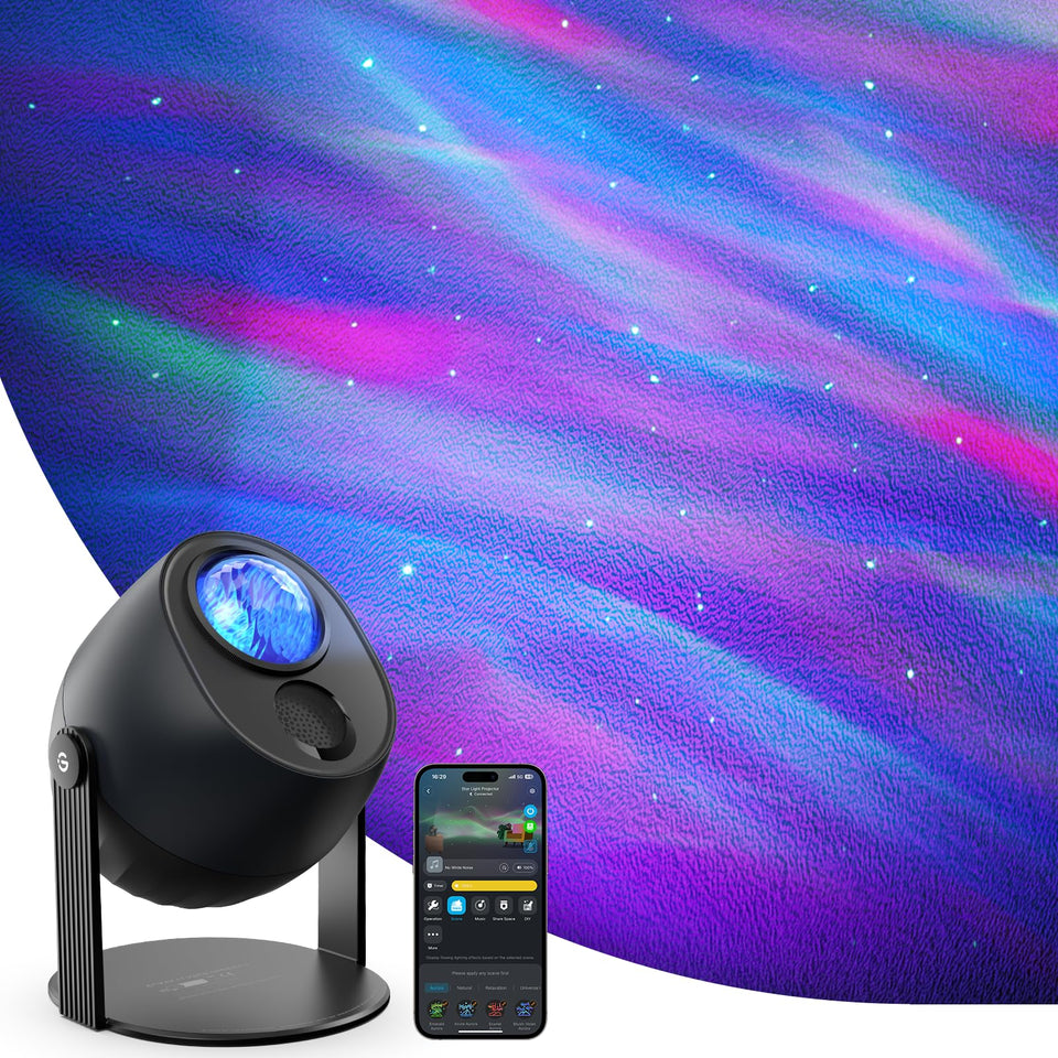 Govee Star Light Projector with Aurora Flow creates immersive ceiling display.
