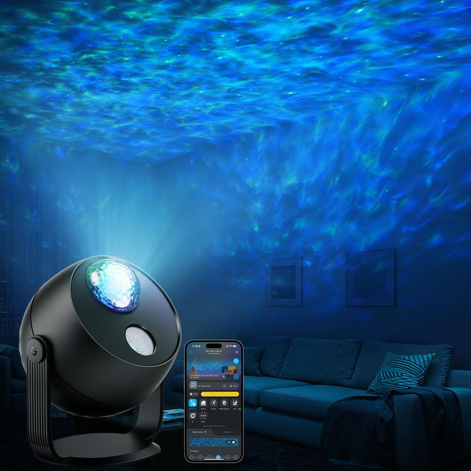 Govee Star Light Projector displaying ocean waves for immersive bedroom ambiance.
