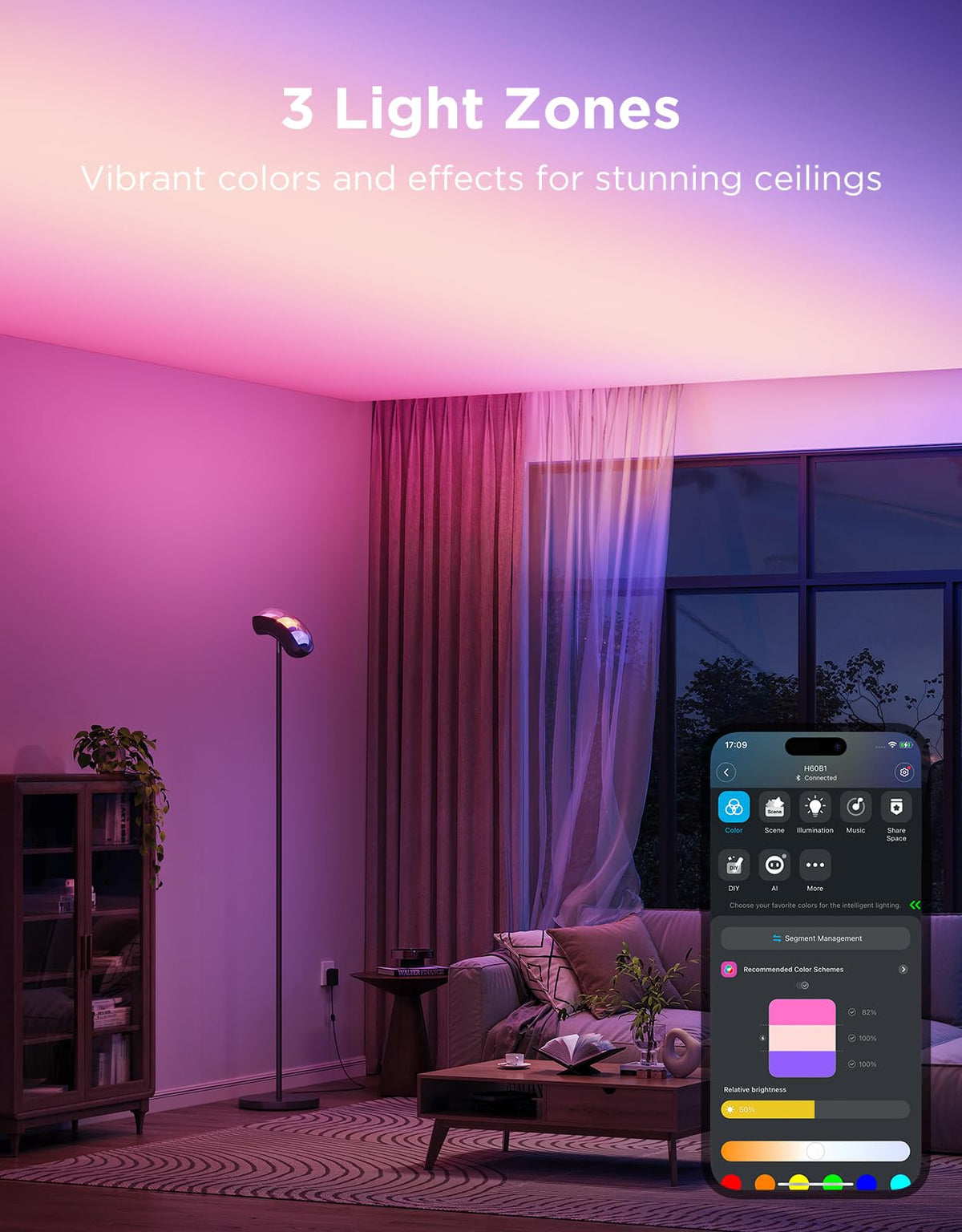 Govee Torchiere floor lamp 3-zone control enables precise ambient zoning.