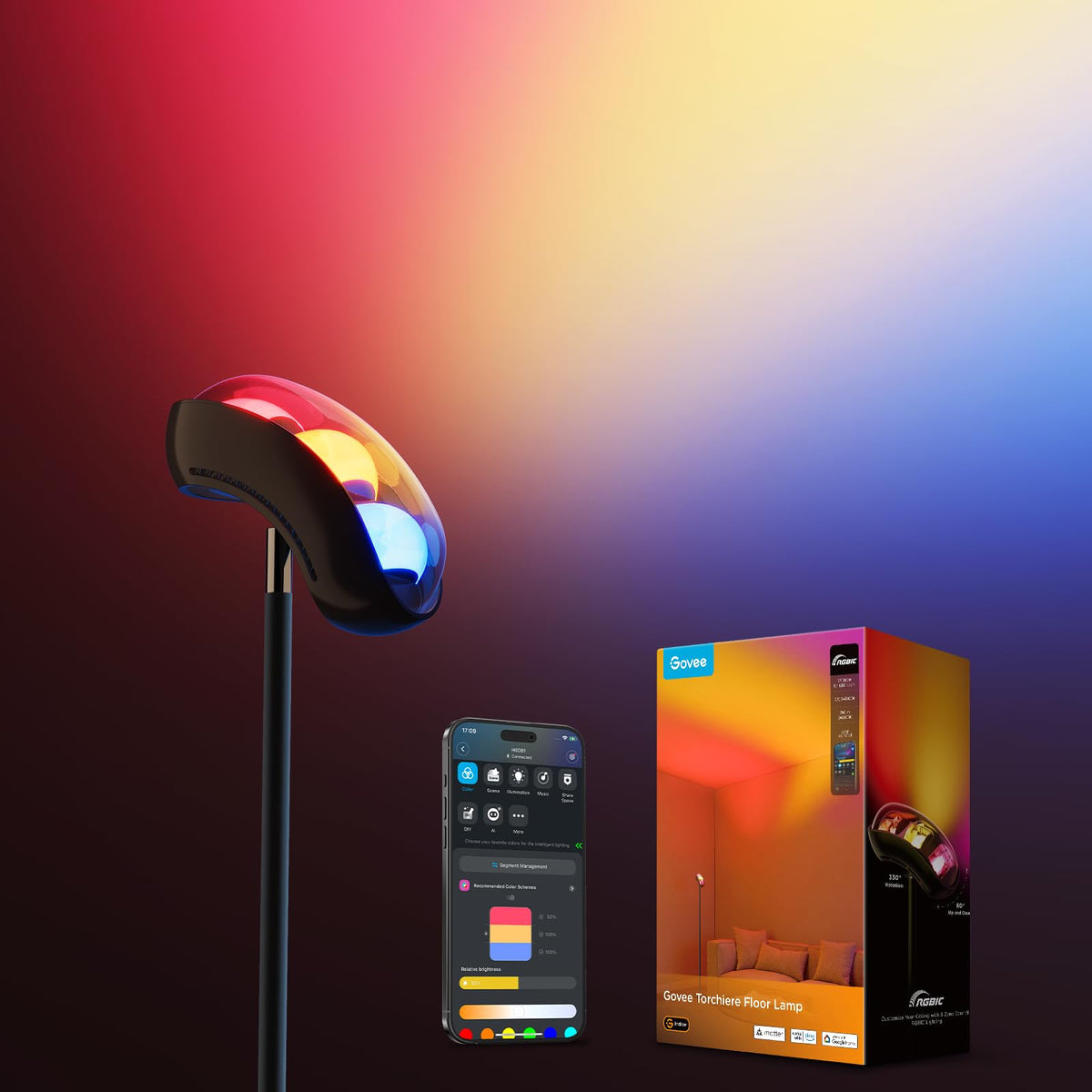 Govee Torchiere floor lamp assembly demonstrates tool-free setup for fast lighting.