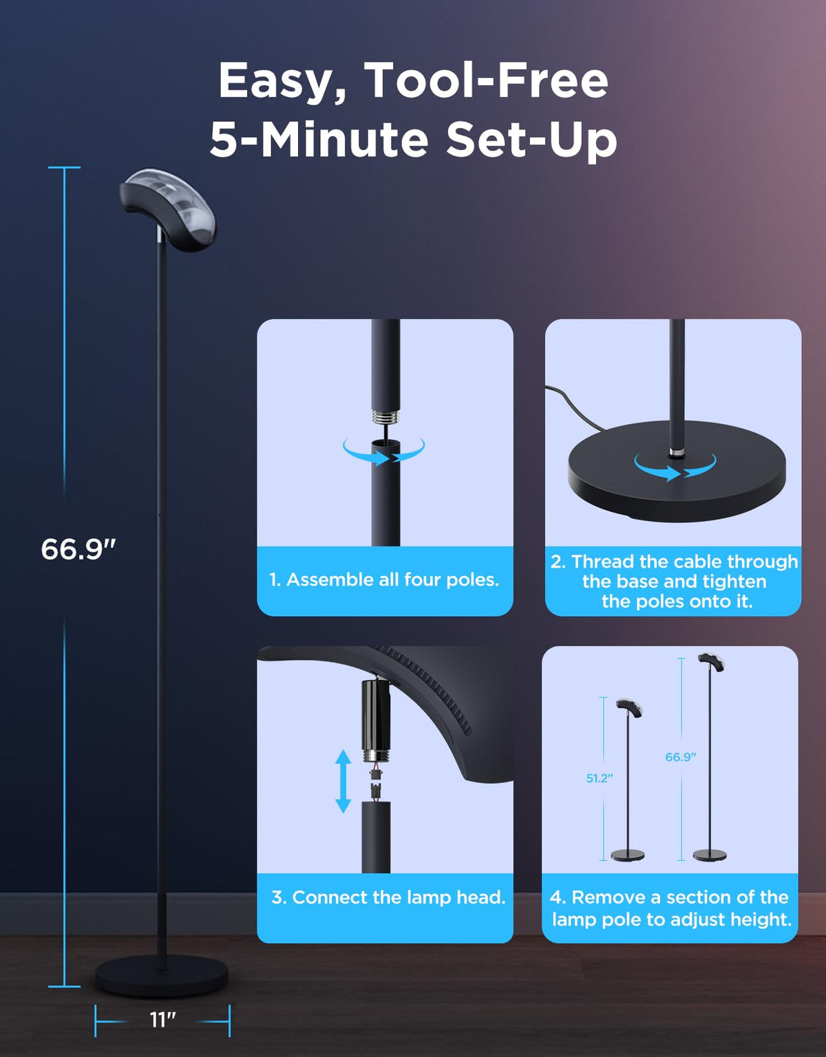 Govee Torchiere floor lamp weighted base prevents tipping on carpet.