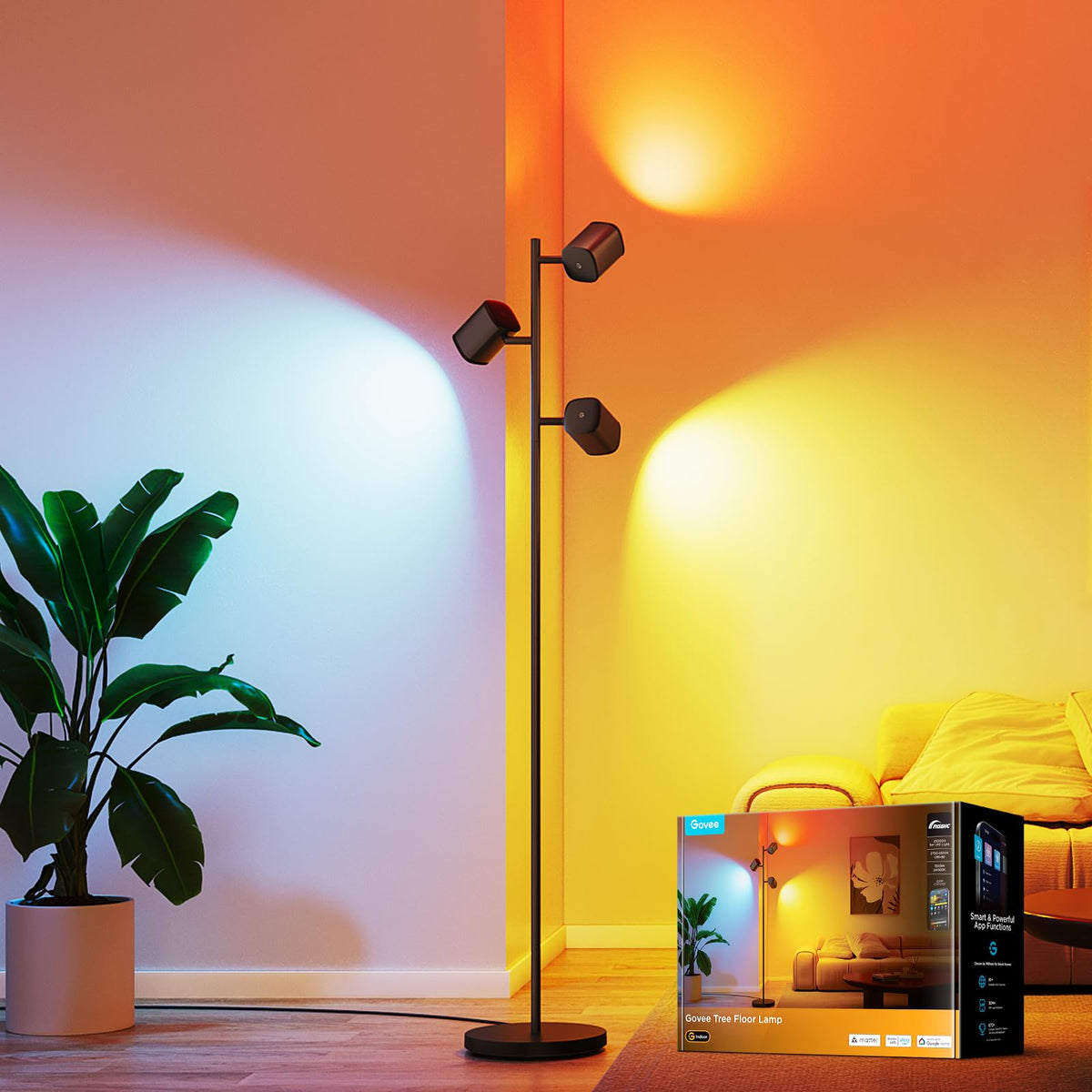 Govee Tree Floor Lamp with three rotatable lamps for customizable lighting.