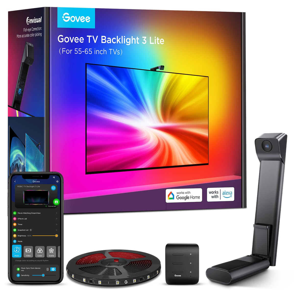 Govee TV Backlight 3 Lite with fish-eye correction for accurate edge color matching.