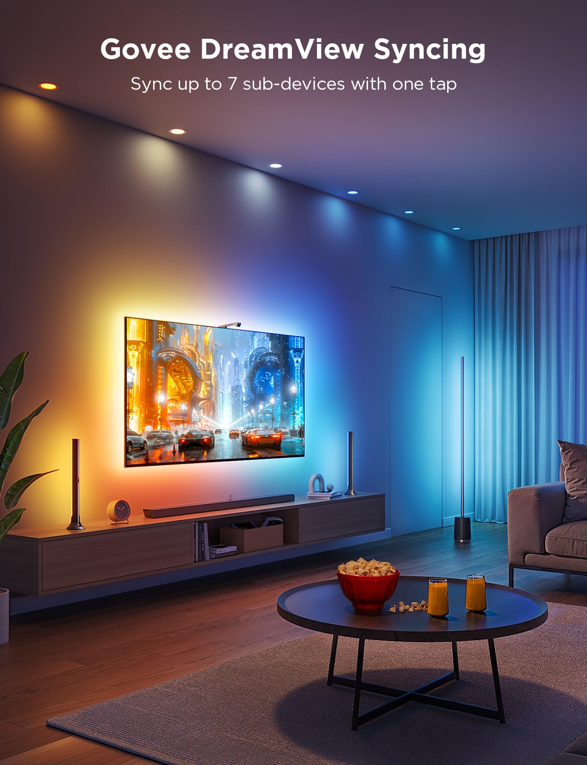 Integrated audio sync matches lighting to sound for an immersive mood